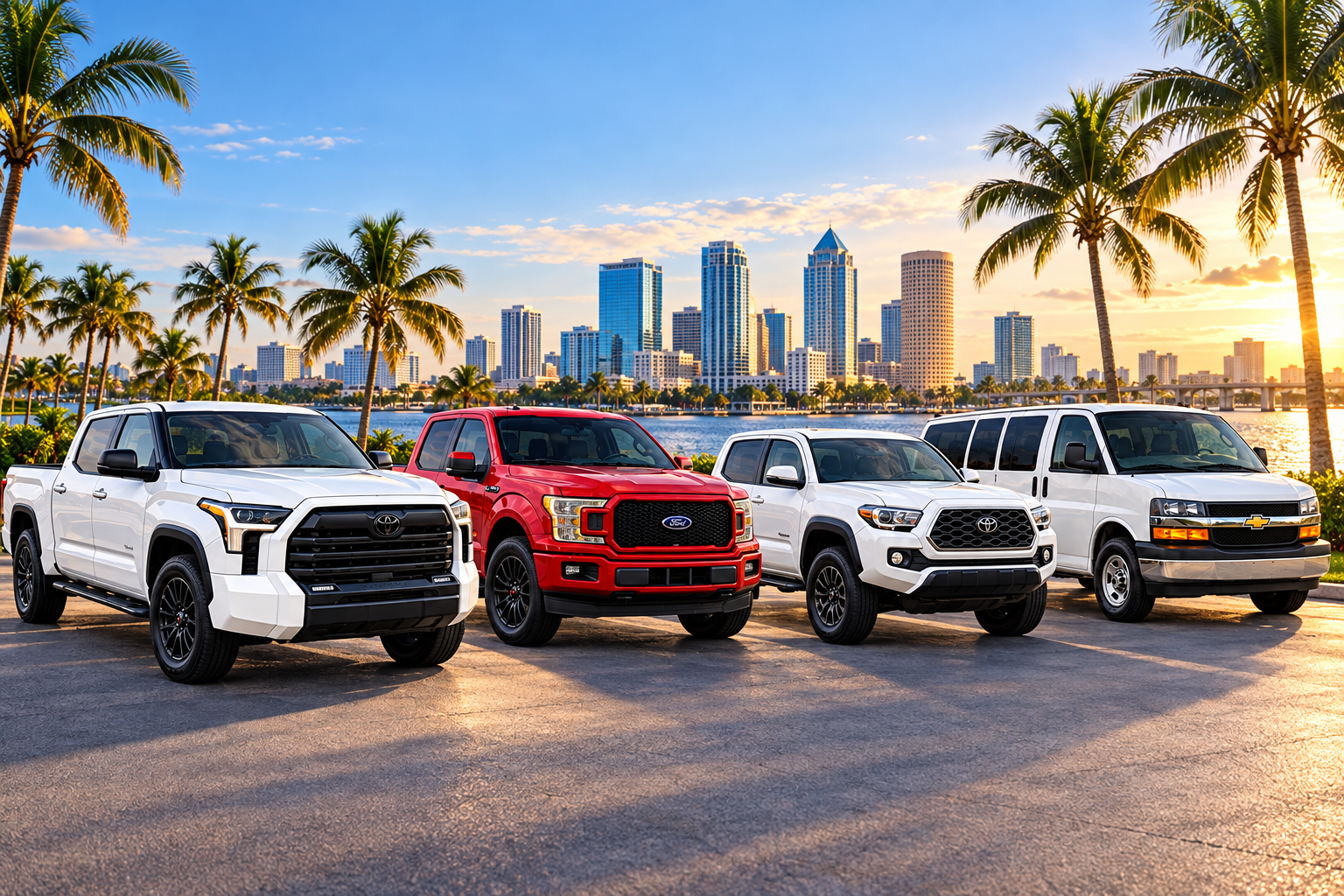 Illustrated white Toyota Tundra, red Ford F-150, white Toyota Tacoma and white passenger van in Florida